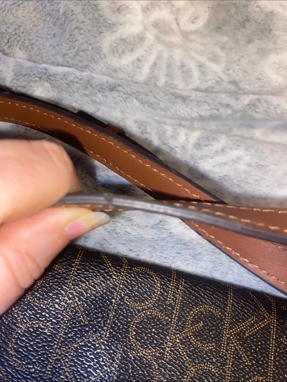 Calvin Klein Brown Monogram Crossbody Bag with Tan Leather Strap